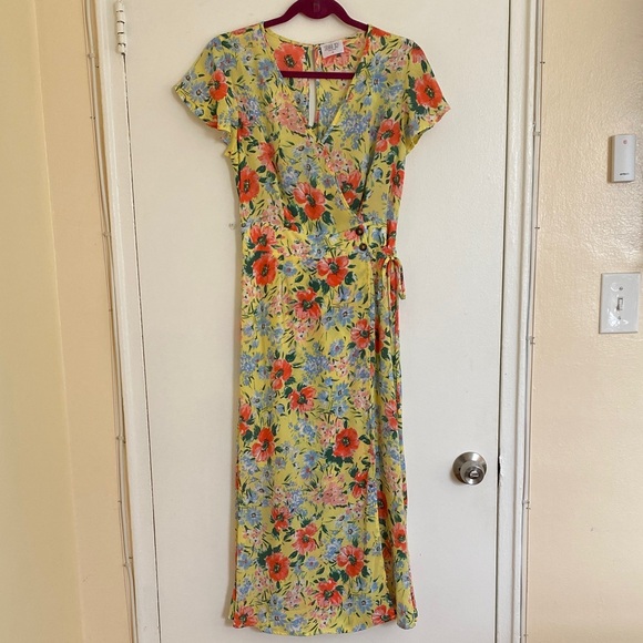 Sienna Sky Butter Yellow Floral Midi Dress | Boho Spring | Coral Blue Medium - Picture 3 of 10